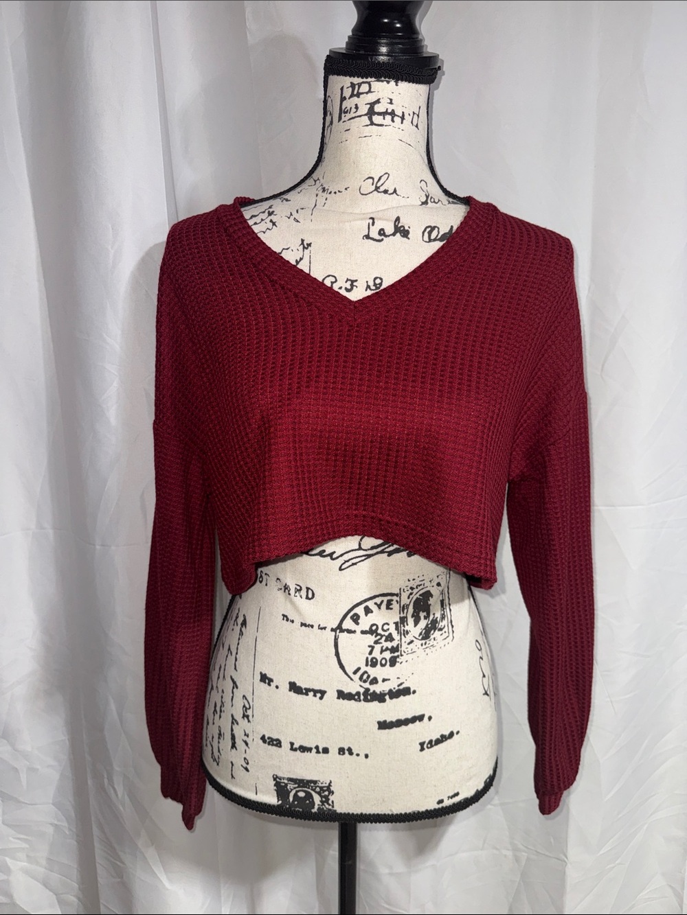 SHEIN Burgundy Waffle-Knit Cropped Crew Sweater